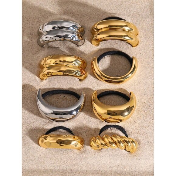 18K Gold Chunky Hammered Arch Hair Cuffs Hair Ties, Stainless Steel Ponytail Cuf - Picture 8 of 9